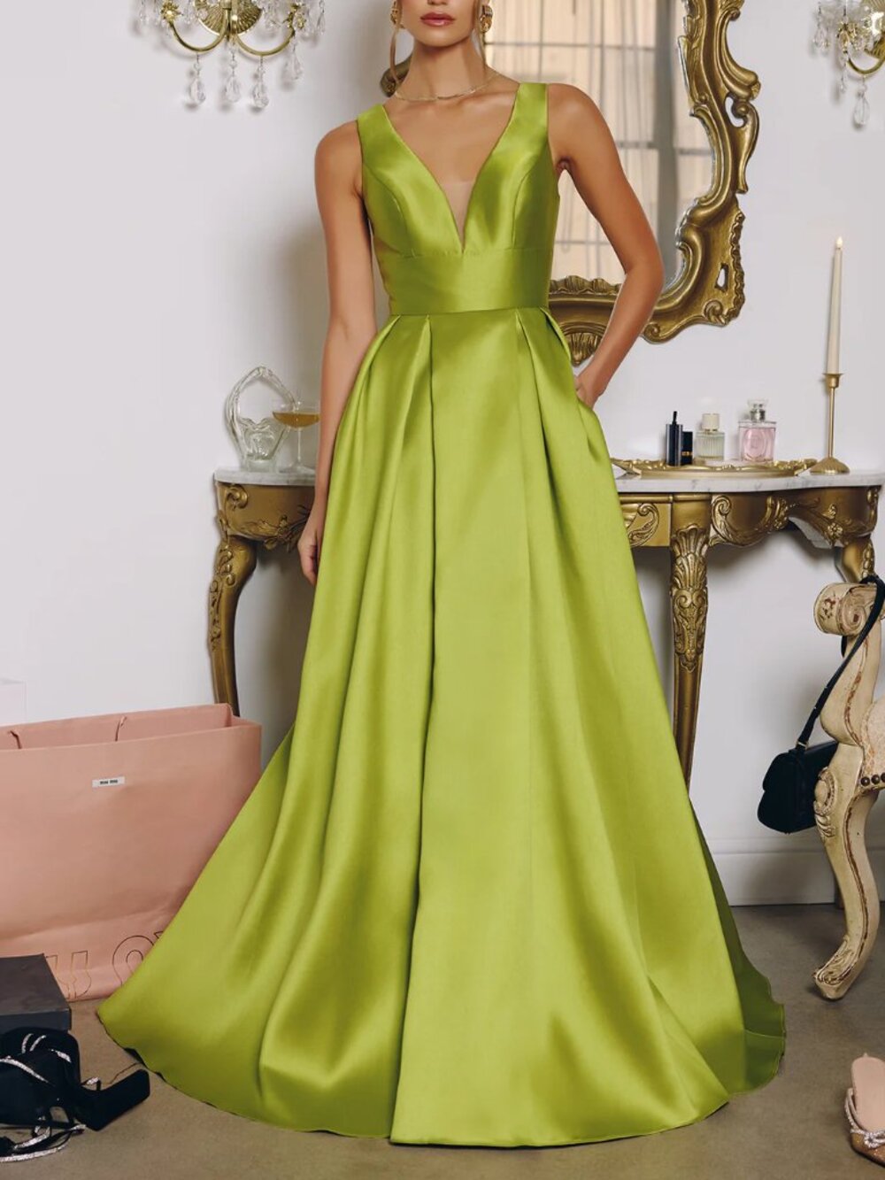 Lime Green V-neck Sleeveless A-line Taffeta Formal Dress 14